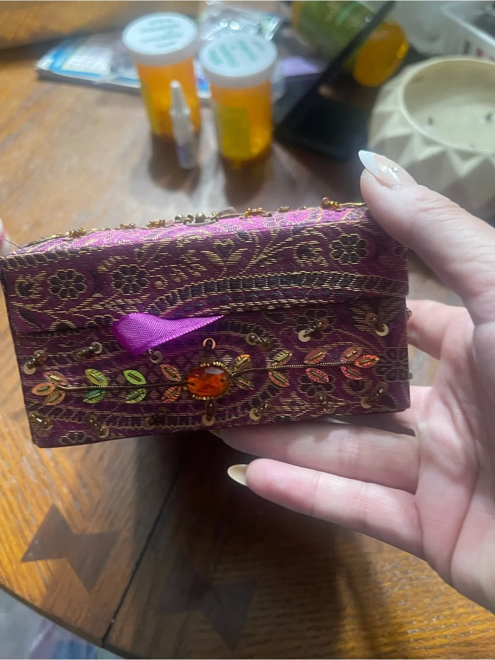 Embellished Pink and amber color Beaded  jewelry storage box